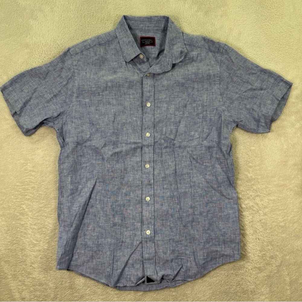 UNTUCKIT Slim Fit Valente WR Button Up 100% Linen Shirt Blue Mens Medium EUC - Picture 2 of 6